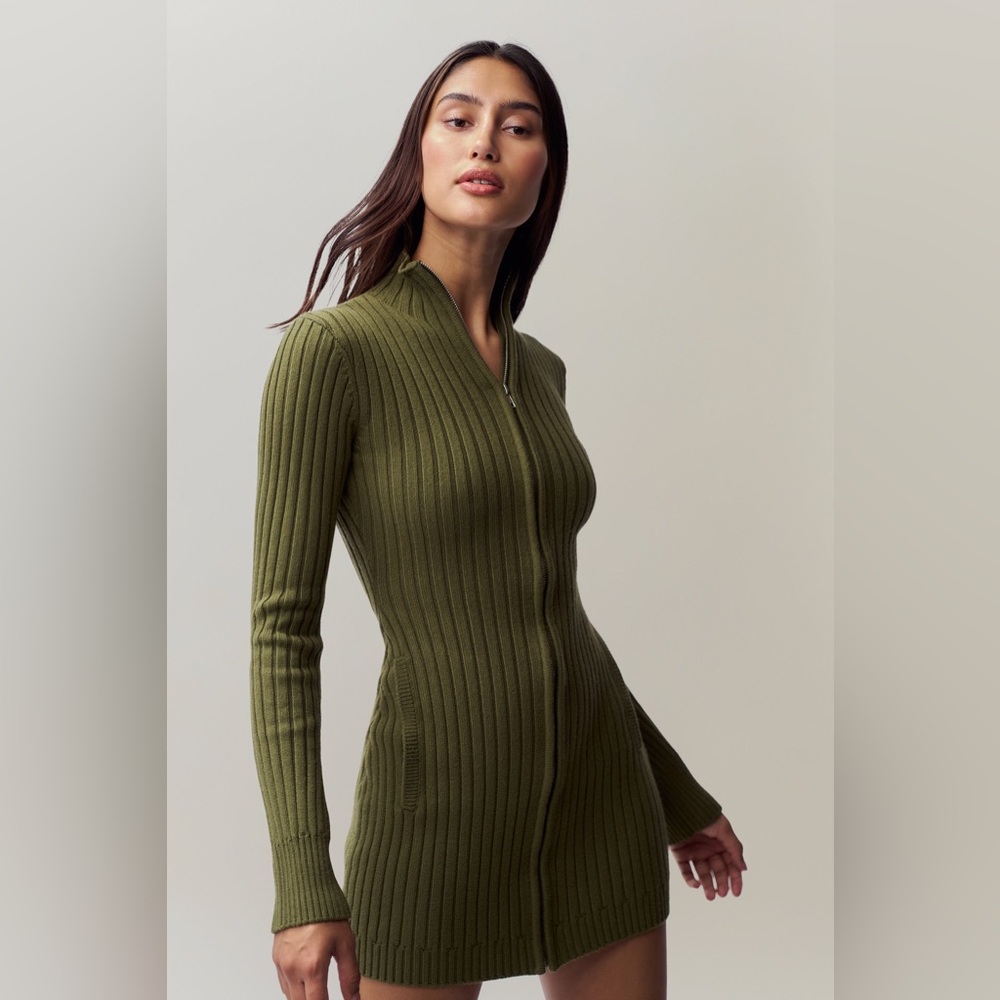 Olive Green Ribbed Zip-Up Sweater Dress